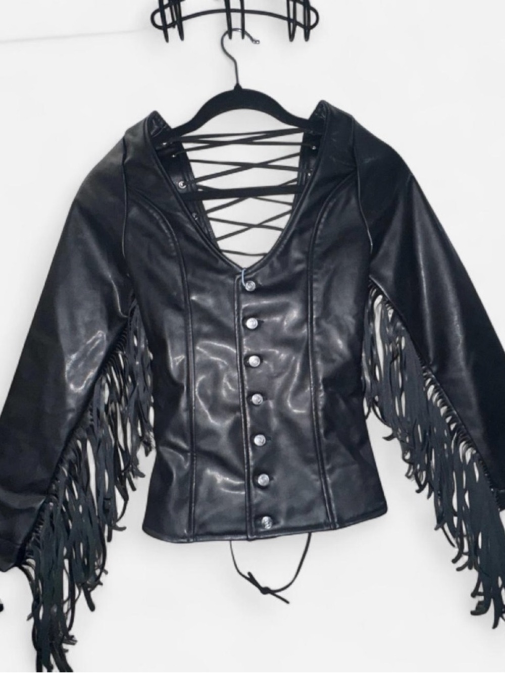 REVICE Black Faux Leather Fringe Jacket with Lace-Up Back corset Maddy Perez